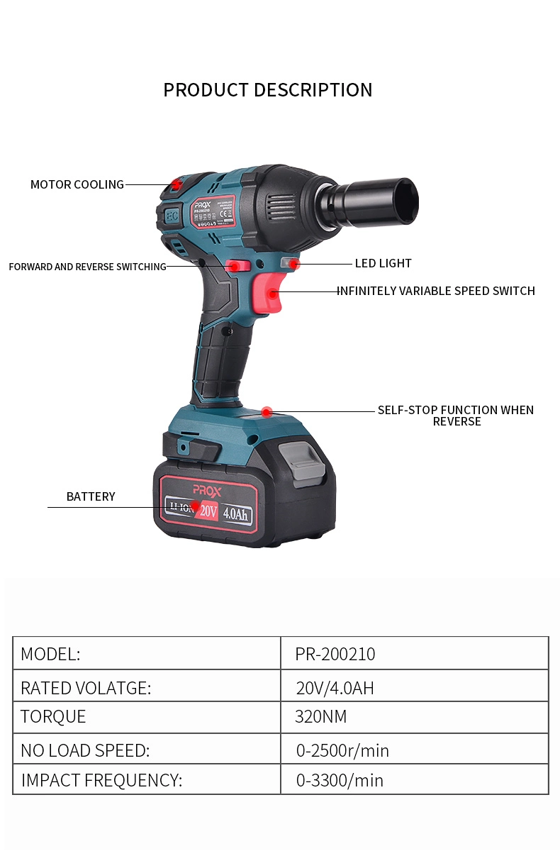 Prox 20V High Torque 280n. M 1/2" Brushless Cordless Impact Wrench Pr-200210