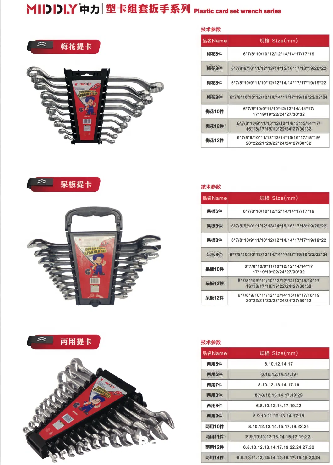 Middly Spanner/Wrench Set with Rack Organizer, Metric Slide Card Wrench Set