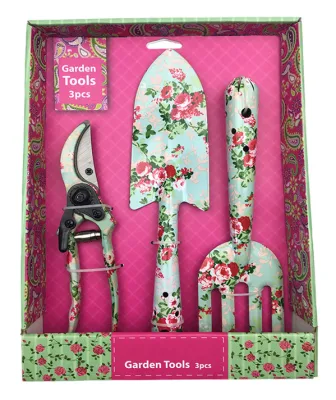 Iron Lady의 3PCS 꽃 무늬 도구, 삽, 포크 및 전지 가위, 정원 도구